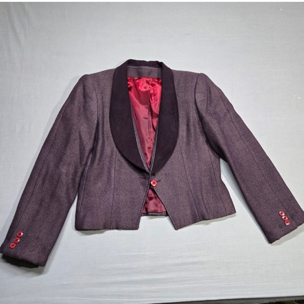 Vintage Oscar de la Renta Cropped Tux Blazer Purple Tweed Velvet Collar Size 10 - Picture 1 of 13